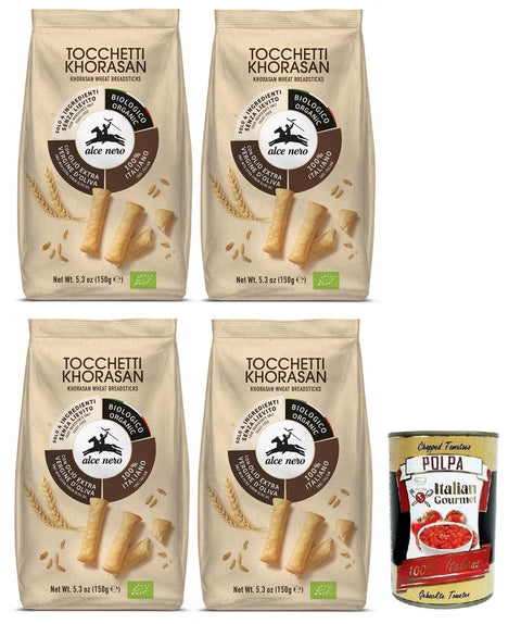Alce Nero Tocchetti Breadsticks, Bio - Backprodukt mit Bio - Khorasan - Weizen und extra natives Olivenöl, Packung mit 4x 150g inkl. Italian Gourmet Polpa di Pomodoro 400g Dose Original italienisch