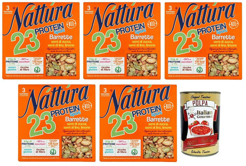 Náttúra Protein Sport Proteinriegel Bio-Kürbiskerne, Leinsamen, Zitrone,Packung mit 75g,jede Packung enthält 3 Riegel à 25g 5x Original italienisch inkl. Italian Gourmet Polpa di Pomodoro 400g Dose