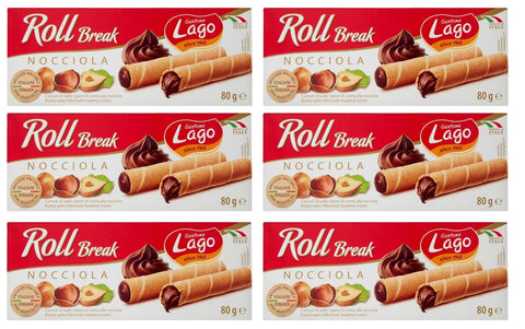 Lago Gastone Lago Roll Break Nocciola Waffelpad Wafer gefüllt mit Haselnusscreme 6x 80g Original italienisch