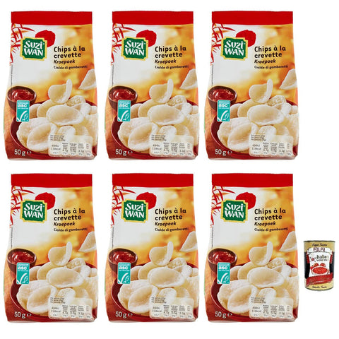 Suzi Wan Cialde di Gamberetti Garnelen Waffel,Knusprige Waffeln aus Tapiokamehl und Garnelen 50g Beutel 6x Original italienisch inkl. Italian Gourmet Polpa di Pomodoro 400g Dose