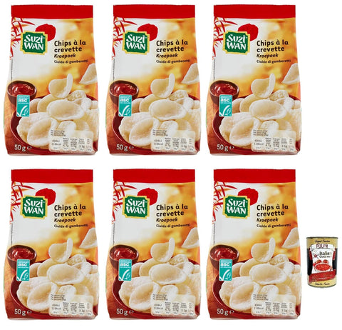 Suzi Wan Cialde di Gamberetti Garnelen Waffel,Knusprige Waffeln aus Tapiokamehl und Garnelen 50g Beutel 6x Original italienisch inkl. Italian Gourmet Polpa di Pomodoro 400g Dose