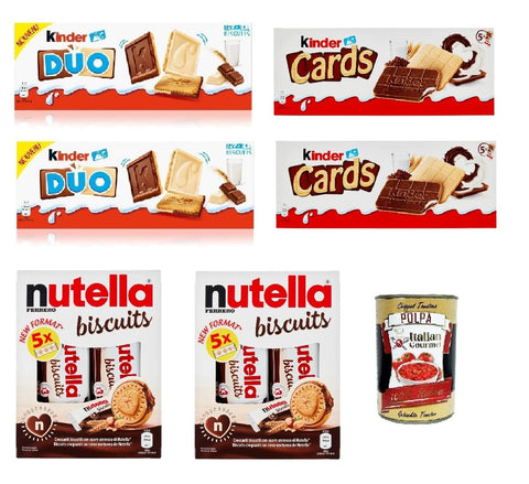 Italian Gourmet E.R. Knabberartikel Testpaket Nutella Biscuits Ferrero Special Kinder Duo Kinder cards Keks mit Milch und weißer Schokolade überzogen 150 g + Italian gourmet polpa 400g 8000500379745