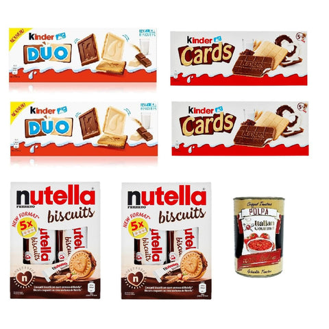 Testpaket Nutella Biscuits Ferrero Special Kinder Duo Kinder cards Keks mit Milch und weißer Schokolade überzogen 150 g inkl. Italian Gourmet polpa 400g Original italienisch