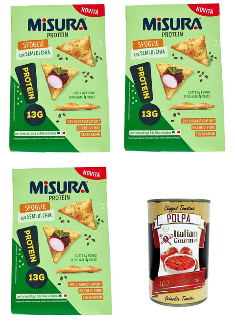 Misura Protein Sfoglie con semi di Chia Protein - Puffs mit Chia - Samen abmessen 3x 170gr inkl. Italian Gourmet Polpa di Pomodoro 400g Original italienisch