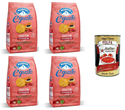 Monviso égusto Crustini Al peperoncino Crustini mit Chilischote 4x 120gr Original italienisch inkl. Italian Gourmet Polpa 400g