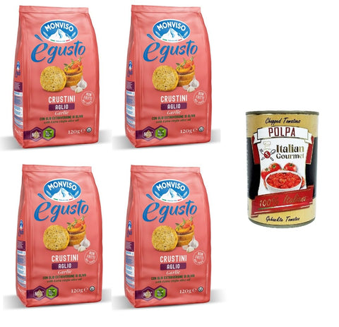 Monviso égusto Crustini all'aglio mit Knoblauch 4x120gr Original italienisch inkl. Italian Gourmet Polpa 400g