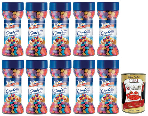 Italian Gourmet E.R. Koch- & Backzutaten 10x Paneangeli Confetti Multicolore al Cioccolato,Bunte Schokolade Dragees,Packung mit 65g, wiederverschließbar mit Messkappe + Italian Gourmet Polpa di Pomodoro 400g Dose