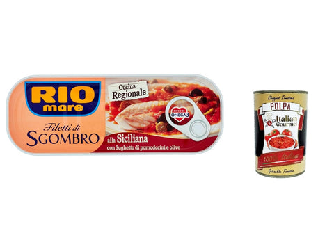 Rio Mare Filetti di Sgombro alla Siciliana Makrelenfilets mit Tomaten-Oliven-Sauce 120g reich an Omega 3 3x Original italienisch inkl. Italian Gourmet Polpa 400