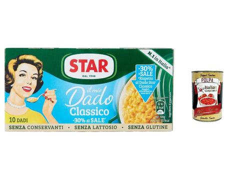 Star Il Mio Dado classico mit 30 % weniger Salz,Gemüse und nativem Olivenöl extra, 10 Bouillon-Würfel, 100 g, ohne Konservierungsstoffe, laktosefrei und glutenfrei 3x Original italienisch inkl. Italian Gourmet Polpa 400g