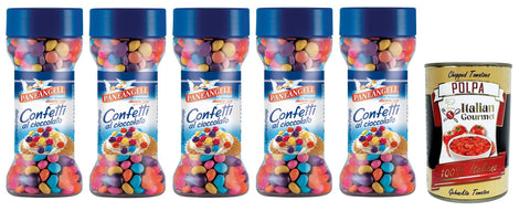 Italian Gourmet E.R. Koch- & Backzutaten 5x Paneangeli Confetti Multicolore al Cioccolato,Bunte Schokolade Dragees,Packung mit 65g, wiederverschließbar mit Messkappe + Italian Gourmet Polpa di Pomodoro 400g Dose