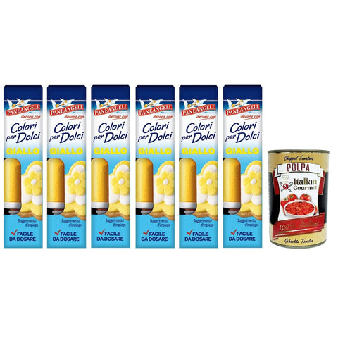 Paneangeli Koch- & Backzutaten Paneangeli Colori per Dolci Giallo, Gelber Gel Farbstoff,10g 6x Original italienisch inkl. Italian Gourmet Polpa di Pomodoro 400g Dose 8003000370700
