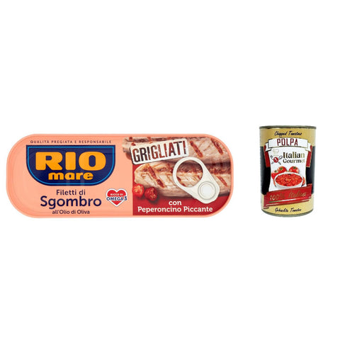 Rio Mare filetti di Sgombro con peperoncino piccante, gegrillte Makrelenfilets mit Olivenöl und chilli 120g 6x Original italienisch inkl. Italian Gourmet Polpa 400g