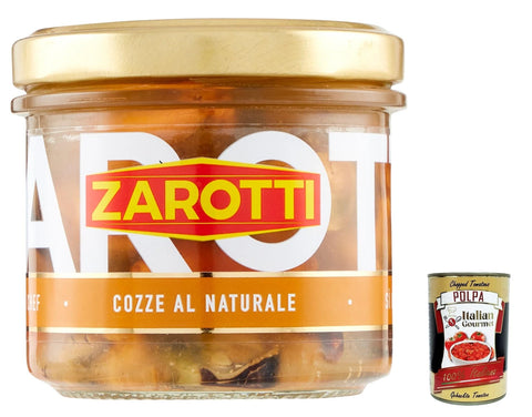 Zarotti Cozze al naturale, Muscheln in Aufguß in glas 140g 6x Original italienisch inkl. Italian Gourmet Polpa 400g
