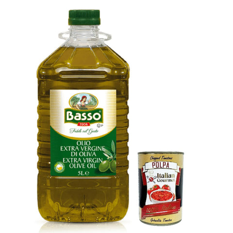 Basso Olio Extra Vergine di Oliva, Natives Olivenöl Extra, Ideal für alle Anwendungen in der Küche, 5Lt Pet flasche Original italienisch inkl. Itaian Gourmet Polpa 400g
