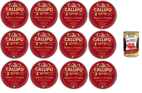 Italian Gourmet E.R. Koch- & Backzutaten Callipo Tranci di Tonno Olio d’Oliva Latta Thunfischsteaks-Olivenöldose– 12x 300 gr+ Italian Gourmet polpa 400g 8001561303151