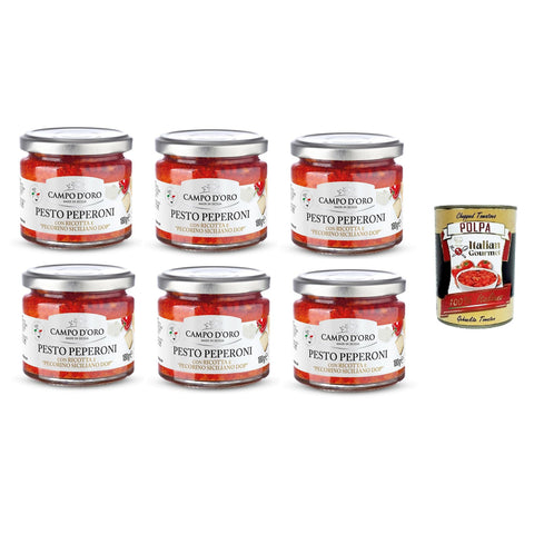 Campo D'Oro Pesto di Peperoni con Ricotta e Pecorino siciliano Dop Pfefferpesto mit Ricotta und sizilianischem Pecorino Dop 6x 180gr Original italienisch inkl. Italian Gourmet Polpa 400g