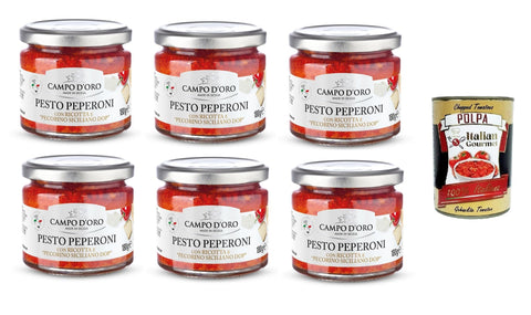 Italian Gourmet E.R. Koch- & Backzutaten Campo D'Oro- Pesto di Peperoni con Ricotta e Pecorino siciliano Dop Pfefferpesto mit Ricotta und sizilianischem Pecorino Dop 6x 180gr + Italian Gourmet polpa 400g 8032804040014