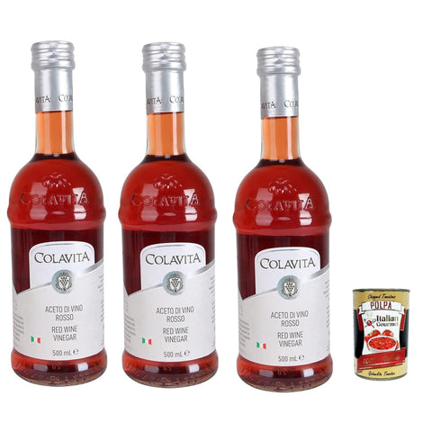 Colavita Rotweinessig, Aus Italien importiert, Premium rotes Essig zum Kochen, Salatdressings und marinieren frisches oder gegrilltes Gemüse 3x 500 ml inkl. Italian Gourmet polpa 400g Original italienisch