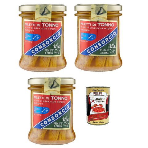 Consorcio Thunfischfilets in Native Extra Olivenöl, Fisch mit Fass gefangen, 3x 195g Original italienisch inkl. Italian Gourmet Polpa 400g