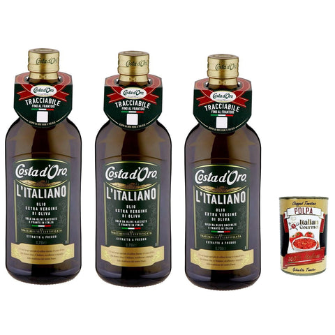 Costa D'oro l'italiano olio extra vergine di oliva, Natives Olivenöl extra 100%, 3x 1Lt inkl. Italian Gourmet polpa 400g Original italienisch