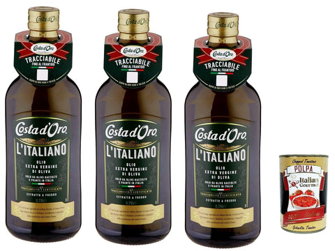 Italian Gourmet E.R. Koch- & Backzutaten Costa d'oro l'italiano olio extra vergine di oliva, Natives Olivenöl extra 100% italienisch, 3x 1Lt + Italian Gourmet polpa 400g 8032804040014