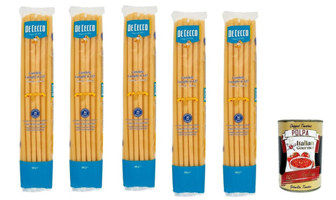 Italian Gourmet E.R. Koch- & Backzutaten De Cecco Le Specialità Candele Lunghe N°127, 100% Italienisch Pasta Nudeln 5x 500g + Italian Gourmet Polpa 400g 8032804040014