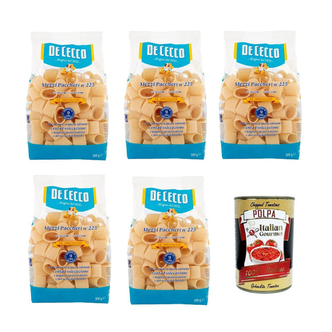 DE CECCO Le Specialità Mezzi Paccheri N°225, 100% Italienisch Pasta Nudeln 5x 500g Original italienisch inkl. Italian Gourmet Polpa 400g