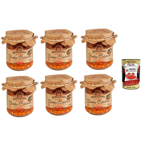 Delizie di Calabria Delizia di Calabria, Bomba Calabrese, Italienischer Hot Saucenaufstrich, würziges italienisches Gewürz mit authentischem kalabrischen Chili, Feurige Hot Dip - Salsa 6x 180g inkl. Italian Gourmet polpa 400g Original italienisch