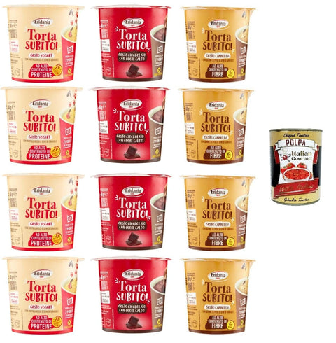 Italian Gourmet E.R. Koch- & Backzutaten Eridania- Torta Subito! Testpaket Gusto Cioccolato, Cannella, Yogurt con Mirtilli rossi-Schokolade, Zimt, Joghurt mit Cranberry-Geschmack 12x 60 g + Italian Gourmet polpa 400gr 8032804040014