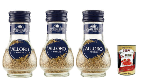 Italian Gourmet E.R. Koch- & Backzutaten La Drogheria Foglio di Alloro, Macinate, Gemahlenes Lorbeerblatt, Ideal zum Marinieren von Fleisch und Spiel, Gewürzen geschmort und geröstet, Hülsenfischsuppen 3x 18 g + Italian Gourmet polpa 400g