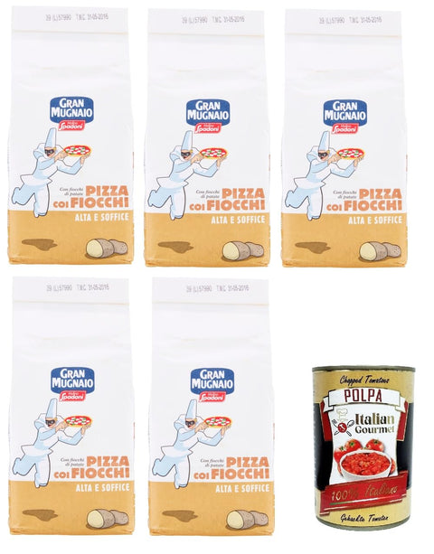 Spadoni Molino Gran Mugnaio Pizza Coi Fiocchi-mit Kartoffelflocken, Pizzamischung mit allen Zutaten für eine tiefe und weiche Pizza 5x 1000gr Original italienisch inkl. Italian Gourmet Polpa 400g