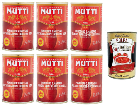 Mutti Pomodoro San Marzano Dell'Agro Sarnese-Nocerino D.O.P S. Marzano-Tomate vom Agro Sarnese-Nocerino 6x 400gr Original italienisch inkl. Italian Gourmet Polpa 400g