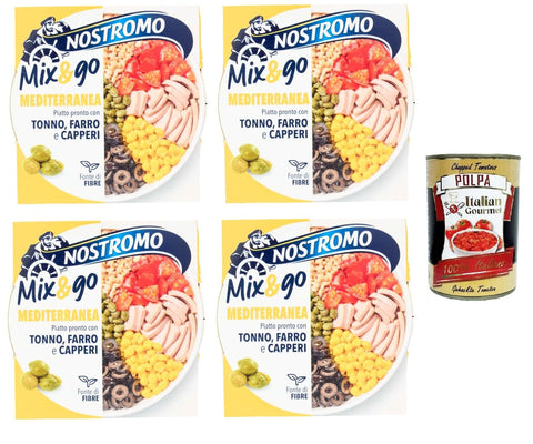 Italian Gourmet E.R. Koch- & Backzutaten Nostromo Mix & Go Mediterranea Fertiggericht mit Thunfisch, Dinkel und Kapern 4x190gr + Italian Gourmet Polpa 400g 8032804040014