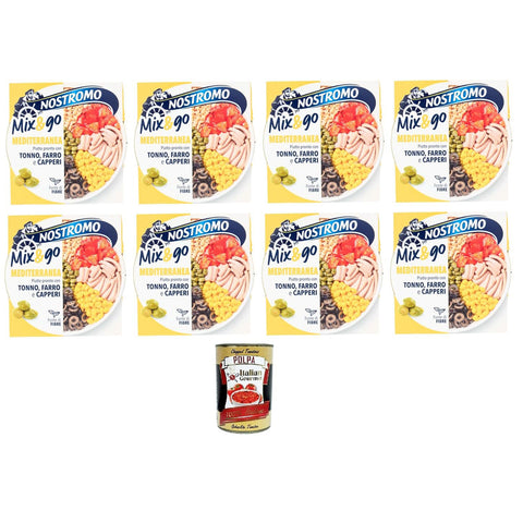 Nostromo Mix & Go Mediterranea Fertiggericht mit Thunfisch, Dinkel und Kapern 8x190gr Original italienisch inkl. Italian Gourmet Polpa 400g