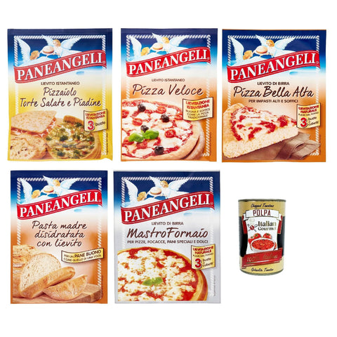 Paneangeli Lievito Pizza Testpaket istant hefe Mischung, Sofortige Hefe für herzhafte Kuchen und Piadine, Pizza, Pasta madre, pizza alta, pizza veloce 5 Stuck Original italienisch inkl. Italian Gourmet Polpa 400g