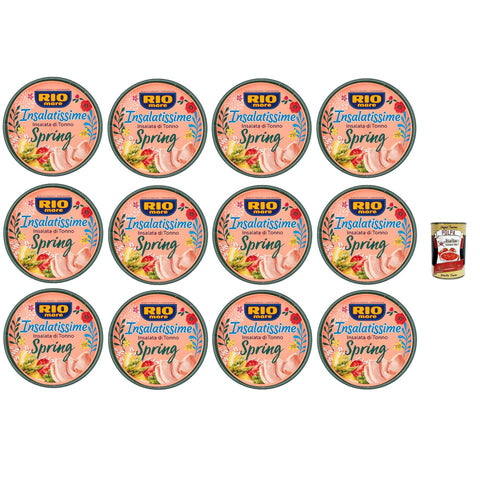 Rio Mare Insalatissime Insalata di Tonno Spring, Thunfischsalat mit Spargel, Reis, Erbsen, Karotten und Zitrone 12x 220g Original italienisch inkl. Italian Gourmet Polpa 400g