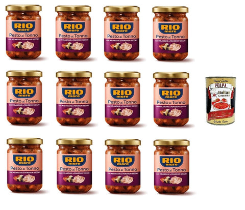 Italian Gourmet E.R. Koch- & Backzutaten Rio mare-Pesto al Tonno con melanzane e pomodori secchi Thunfischpesto mit Auberginen und getrockneten Tomaten 12 x 130gr + Italian Gourmet polpa 400g 8032804040014