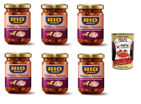 Italian Gourmet E.R. Koch- & Backzutaten Rio mare-Pesto al Tonno con melanzane e pomodori secchi Thunfischpesto mit Auberginen und getrockneten Tomaten 6x 130gr + Italian Gourmet polpa 400g 8032804040014