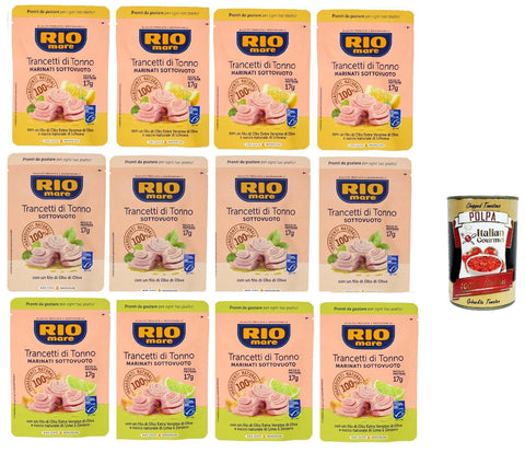 Italian Gourmet E.R. Koch- & Backzutaten Rio Mare Trancetto Di Tonno Testpaket, Thunfischstücke mit nativem Olivenöl extra, Ingwer und Limettensaft, zitrone und nativem Olivenöl 12x 70g + Italian Gourmet polpa 400g 8032804040014