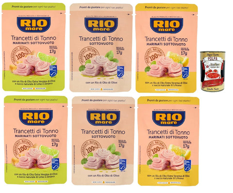 Italian Gourmet E.R. Koch- & Backzutaten Rio Mare Trancetto Di Tonno Testpaket, Thunfischstücke mit nativem Olivenöl extra, Ingwer und Limettensaft, zitrone und nativem Olivenöl 6x 70g + Italian Gourmet polpa 400g 8032804040014