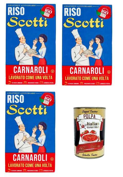 Italian Gourmet E.R. Koch- & Backzutaten Riso Scotti- RIso Carnaroli Kollektion zum 160-jährigen Jubiläum 3 x 850gr + Italian Gourmet polpa 400g 8032804040014