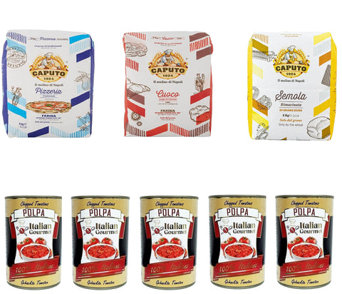 Italian Gourmet E.R. Koch- & Backzutaten Testpaket Caputo Cuoco Farina Pizzamehl Mehl 5 kg Pizzaeria 5kg Semola 5kg und Italian Gourmet Polpa di pomodoro Fein gehacktes Tomatenmark 5x 400g 8032804040014