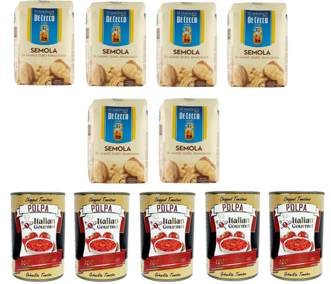 Italian Gourmet E.R. Koch- & Backzutaten Testpaket Hartweizengrieß - Semola di Grano Duro De Cecco 6x 1kg und Italian Gourmet Polpa di pomodoro Fein gehacktes Tomatenmark 5x 400g 8032804040014