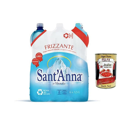 Sant'anna di Vinadio Acqua Frizzante Oligominerale,Oligomineral Sprudelwasser Einweg-PET-Flasche 1,5Lt 6x Original italienisch inkl. Italian Gourmet Polpa di Pomodoro 400g Dose
