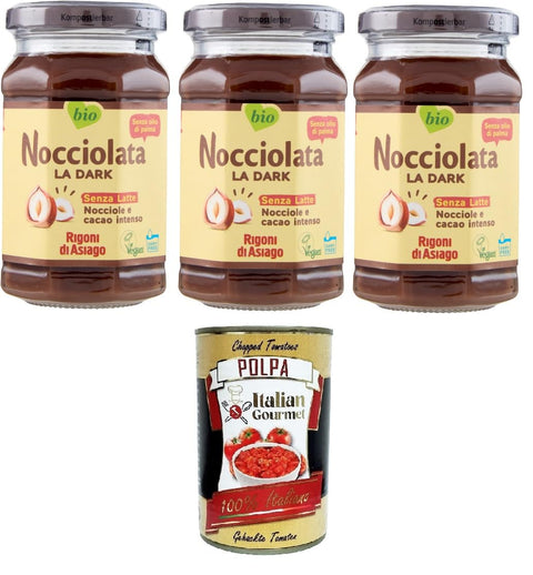 Italian Gourmet E.R. Kokosmilch & -creme Rigoni di Asiago Nocciolata, La Dark, Milchfrei, 3x 250g, Haselnusscreme ohne Palmöl, Nuss Nougat Creme ohne Palmöl, Leckerer Brotaufstrich, Vegan + Italian Gourmet polpa 400g 8032804040014