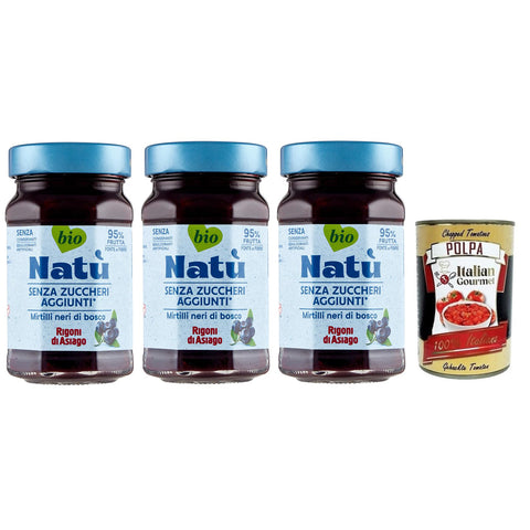 Rigoni di Asiago Natù Mirtilli Neri di Bosco Bio-Blaubeerenzubereitung,Blaubeerenkonfitüre Ohne Zuckerzusatz 240g 3x Original italienisch inkl. Italian Gourmet Polpa di Pomodoro 400g Dose