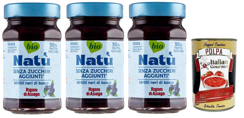 Rigoni di Asiago Natù Mirtilli Neri di Bosco Bio-Blaubeerenzubereitung,Blaubeerenkonfitüre Ohne Zuckerzusatz 240g 3x Original italienisch inkl. Italian Gourmet Polpa di Pomodoro 400g Dose
