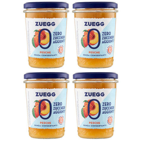 Zuegg Zero Pesche Pfirsiche Marmelade Jam Ohne Zuckerzusatz, Frei von Konservierungsstoffen Glas 4x220g Original italienisch Aufstrich