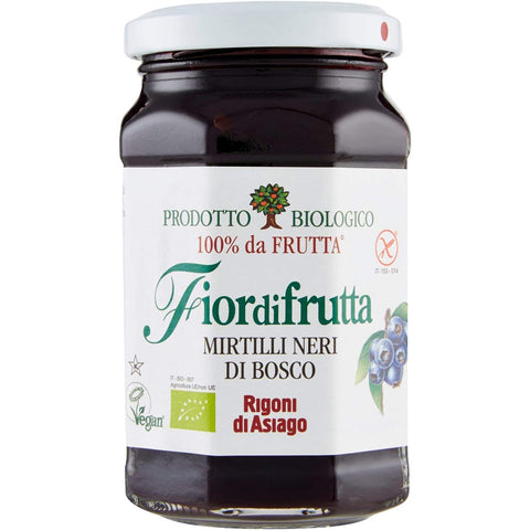 Rigoni di asiago Fiordifrutta Italienisch Mirtilli neri di Bosco Waldheidelbeeren Marmelade BIO 250g 6x Original italienisch inkl. Italian Gourmet Polpa 400g
