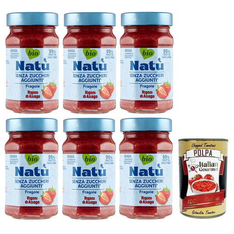 Rigoni di asiago Natù Fragole Bio-Erdbeerzubereitung,Erdbeerkonfitüre Ohne Zuckerzusatz 240g 6x Original italienisch inkl. Italian Gourmet Polpa di Pomodoro 400g Dose